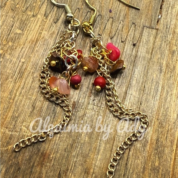 Statement gold and silver chain fringe gem earrings with untreated ruby - Picture 2 of 2